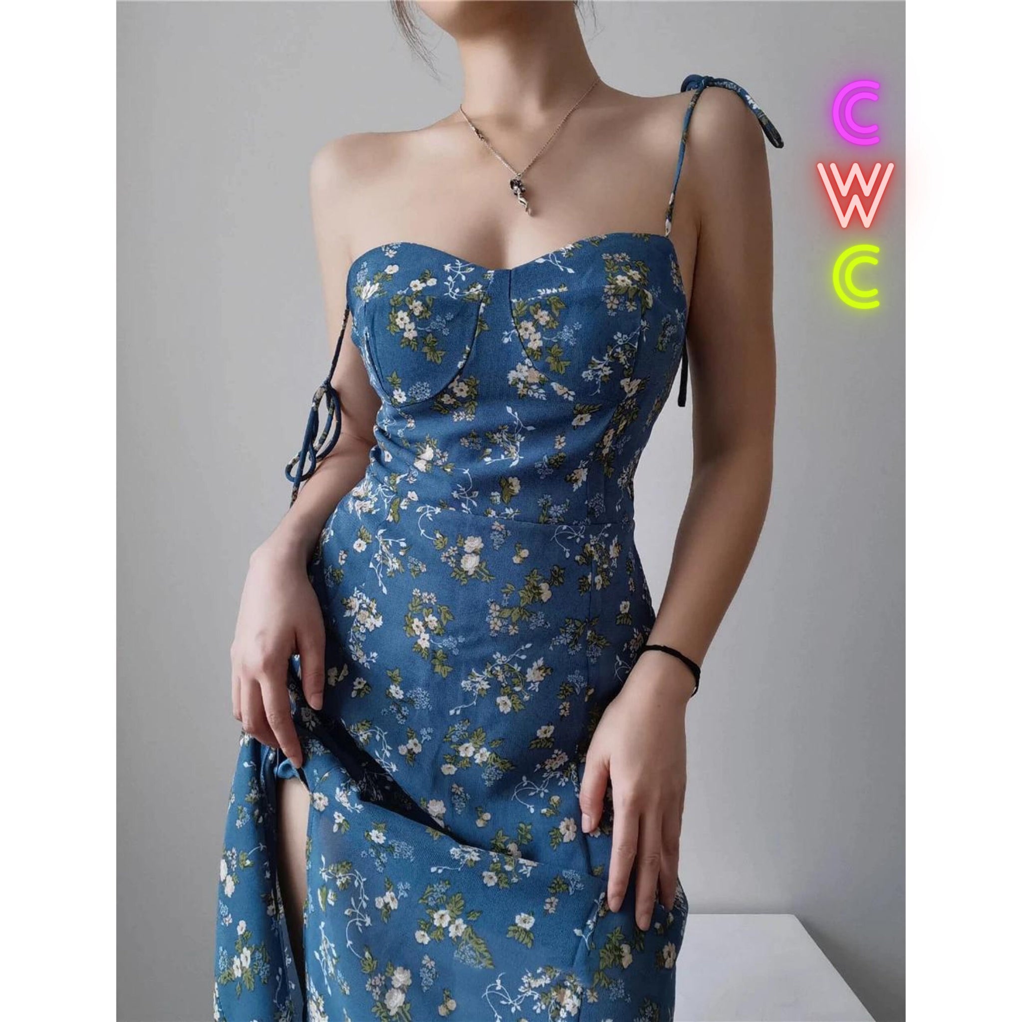 Chiffon Spaghetti Tie Strap Blue Floral ...